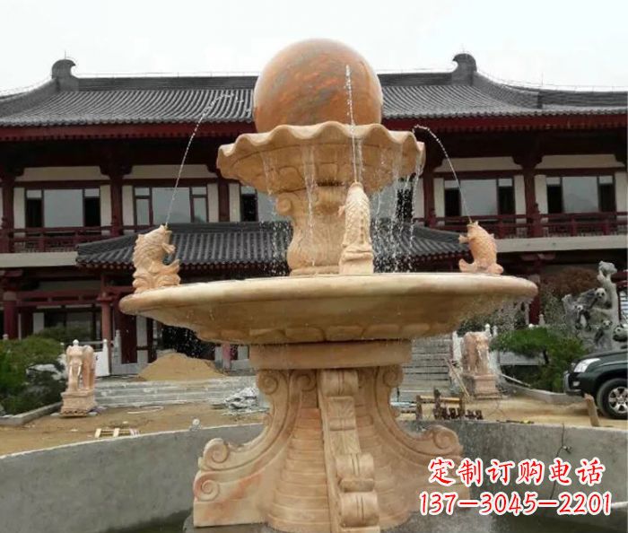 德州双层风水球喷泉晚霞红石雕
