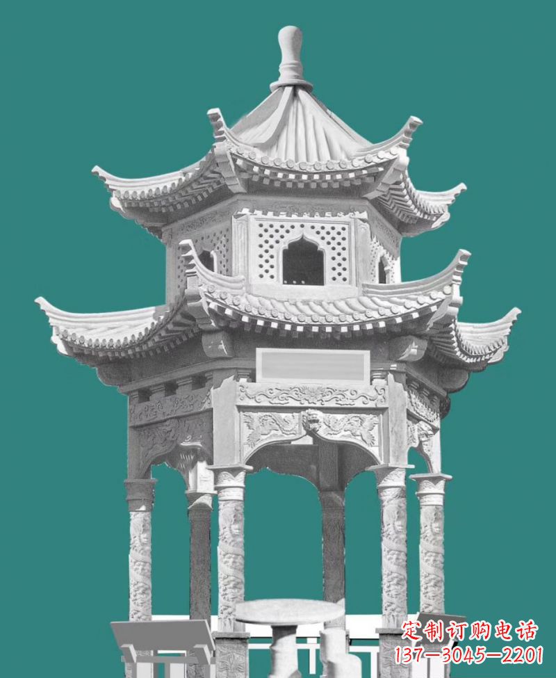 德州双层六角凉亭景观石雕