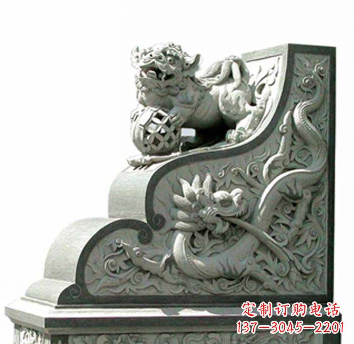 德州寺庙景观玩绣球狮子石雕门墩