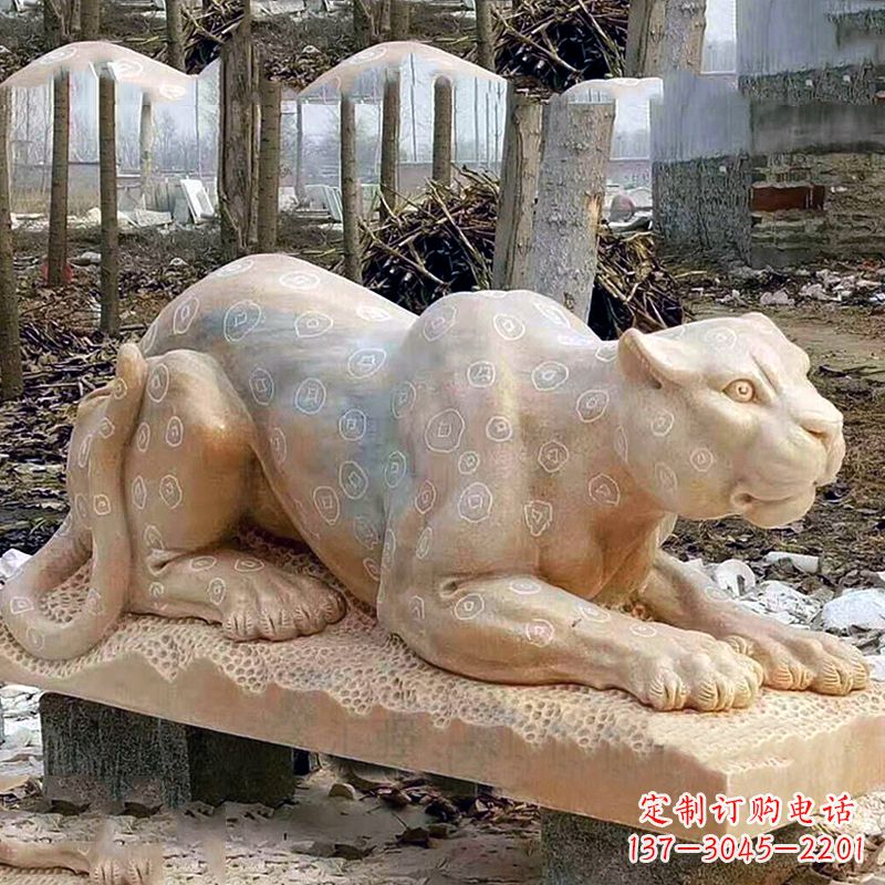德州晚霞红金钱豹石雕-公园园林草坪动物雕塑