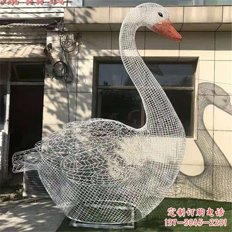 德州卧姿天鹅不锈钢草坪网格动物摆件