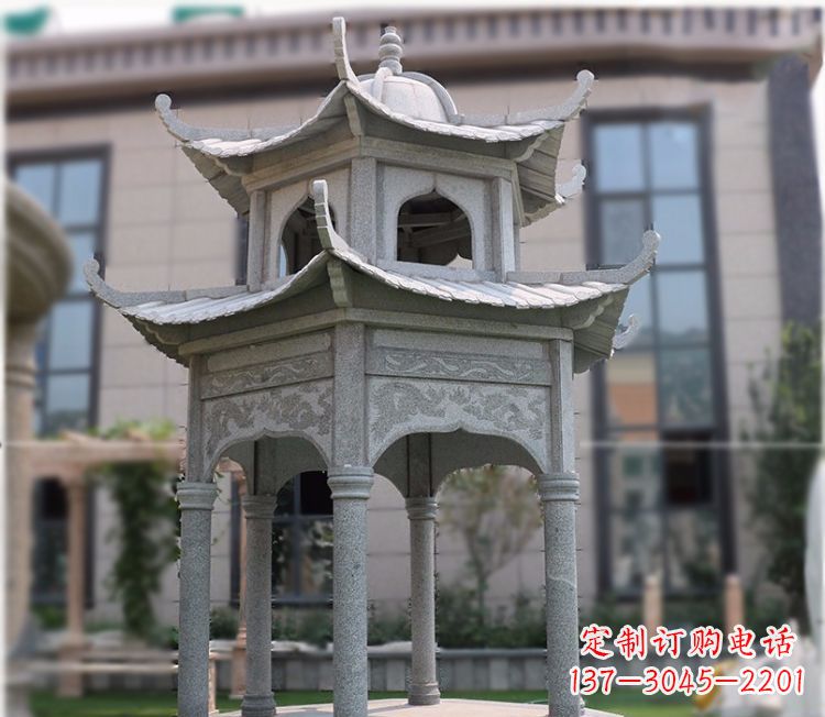 德州小区大理石六角石雕双层凉亭
