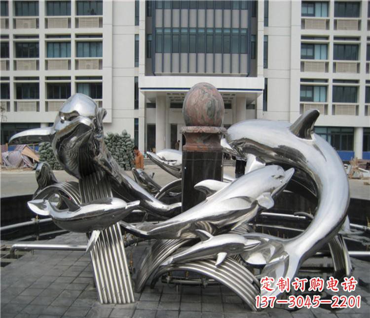 德州校园不锈钢海豚海浪雕塑