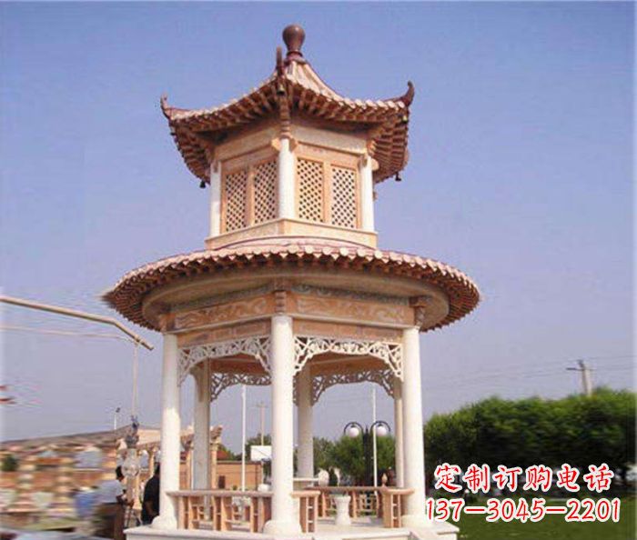 德州园林景观晚霞红双层石雕凉亭 (4)