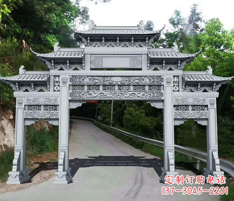 德州园林三门石牌坊景观石雕