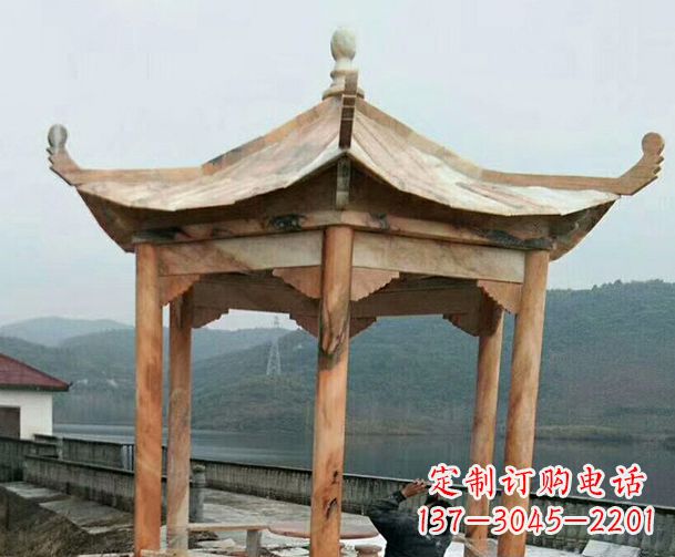 德州园林晚霞红单层石凉亭景观石雕