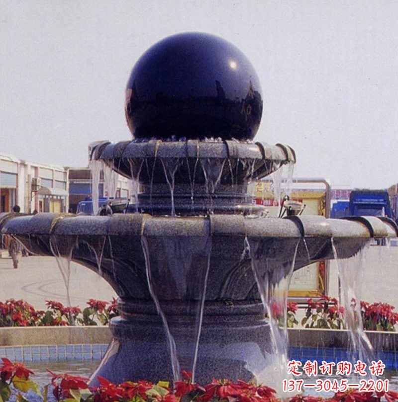 德州中国黑双层风水球喷泉石雕